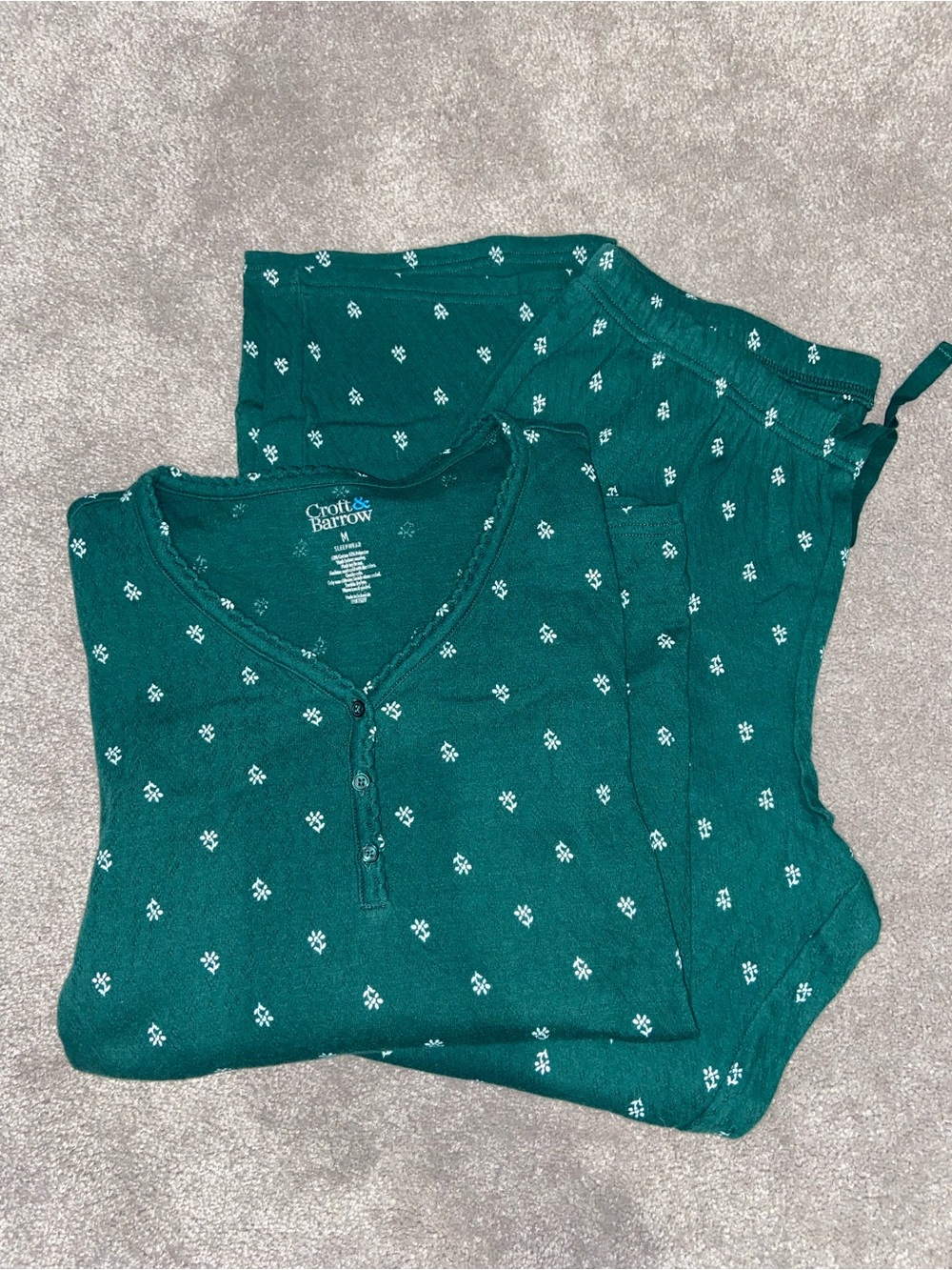 croft & barrow Teal Green Printed Long Sleeve Henley Pajama Set